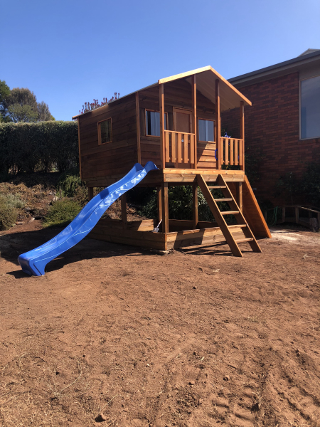 The Hut Cubby House on Elevation with Slide